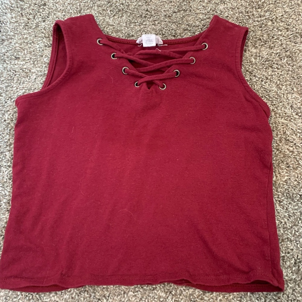 Maroon tank top with crossover strings
